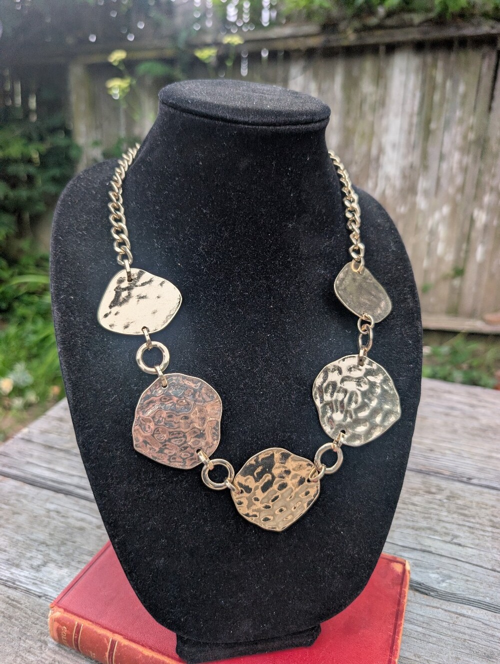 Gold Tone Hammered Disc Statement Necklace